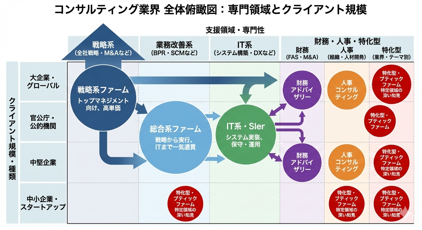 コンサルティング業界の全体俯瞰図：専門領域とクライアント規模
