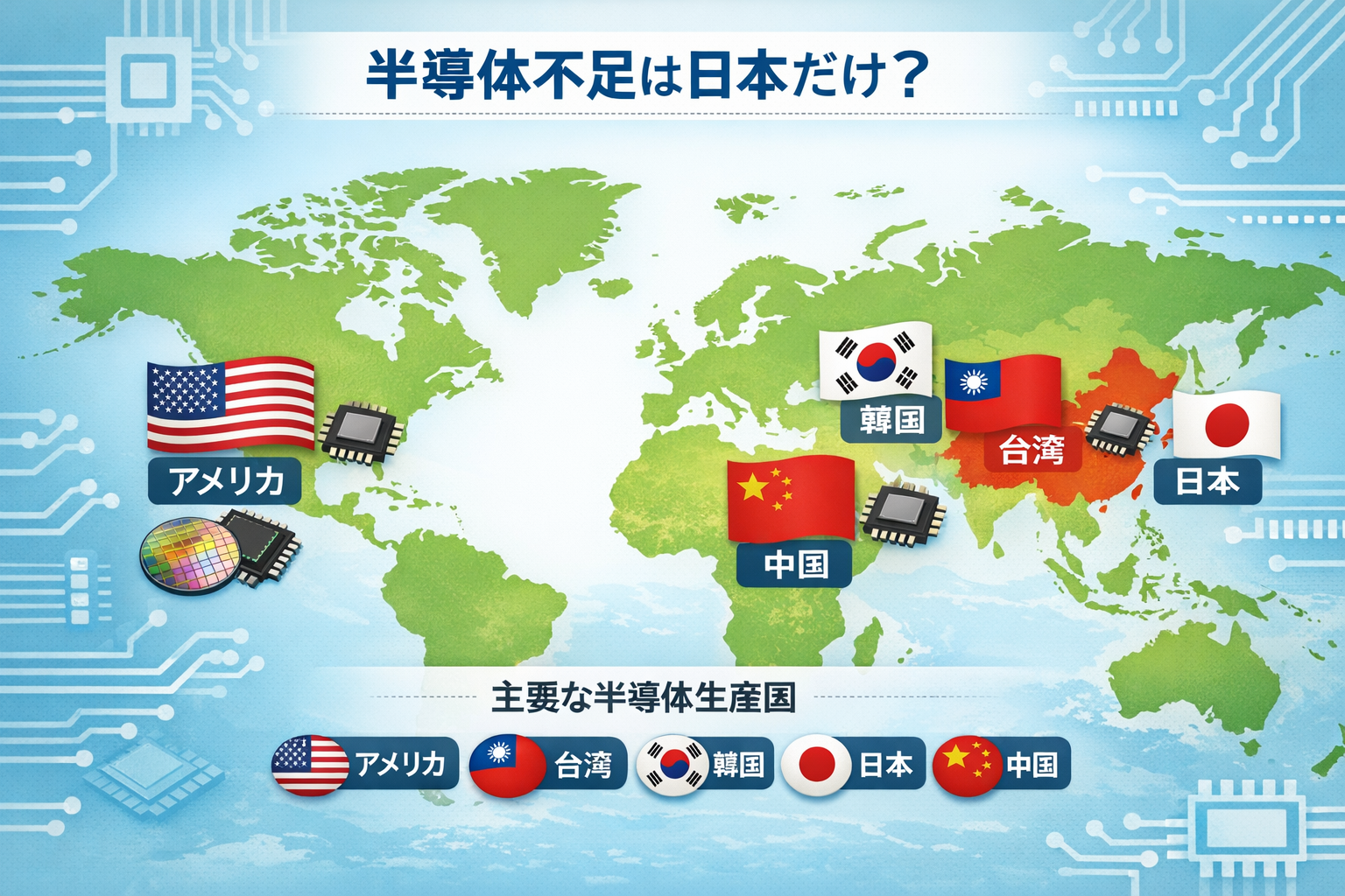 日本以外の半導体不足が起きている国を示す図解